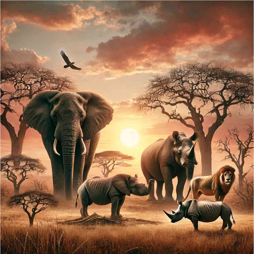 Afrikanische Savanne bei Sonnenuntergang mit gefährdeten Tieren