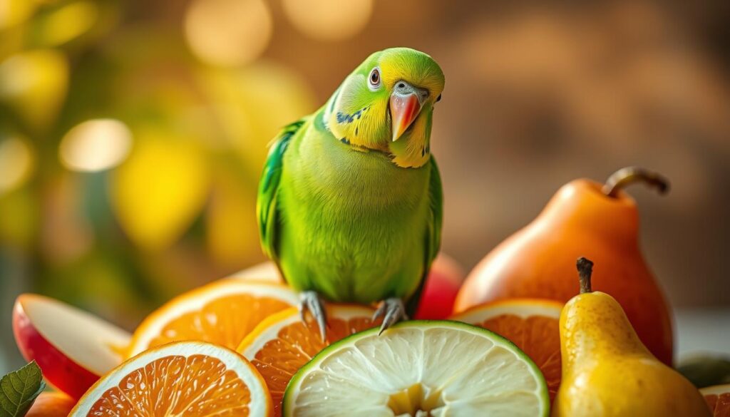 Wellensittich mit Obstsnack Wellensittich mit Obstsnack