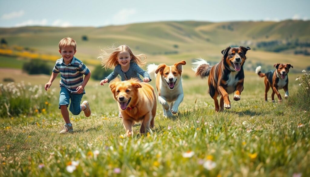 Kinder und Hunde spielen zusammen